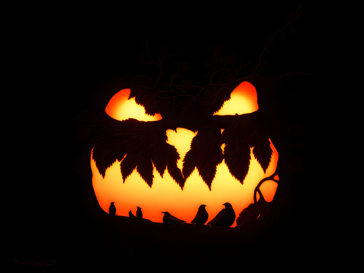 Menacing Halloween Pumpkin with Silhouetted Leaves, Branches, Birds