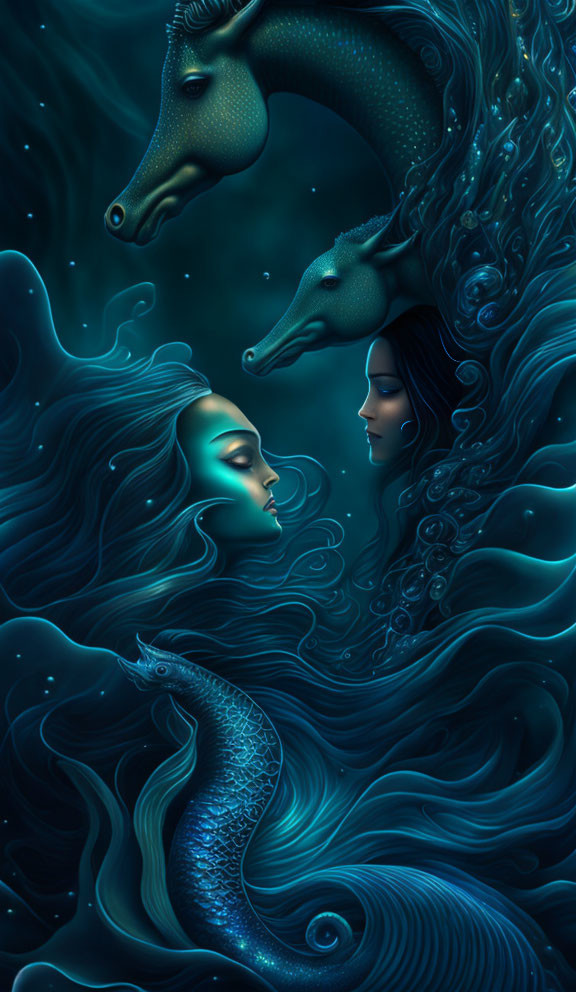 Ethereal women with flowing hair and seahorses in dark blue water