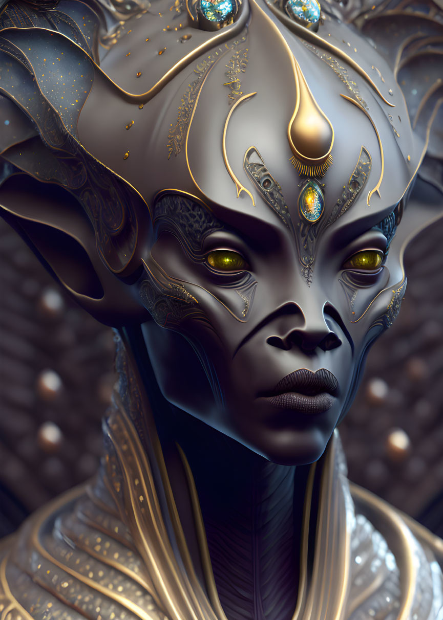 Detailed 3D digital art portrait of female alien with golden embellishments