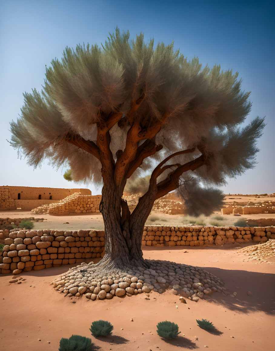 Robust tree with lush canopy in desert landscape