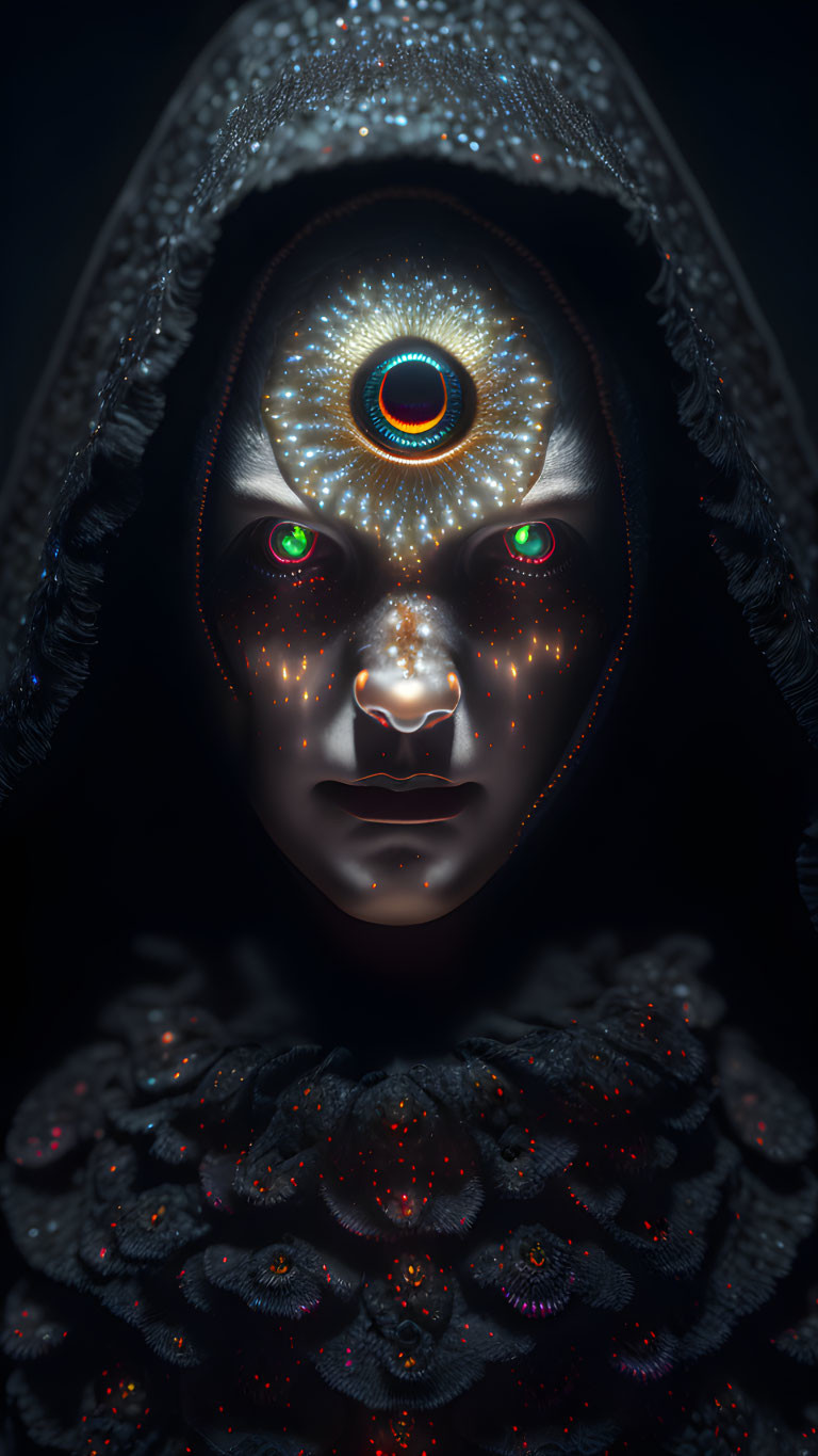 Person with illuminated third eye and glowing red dots, ornate clothing.