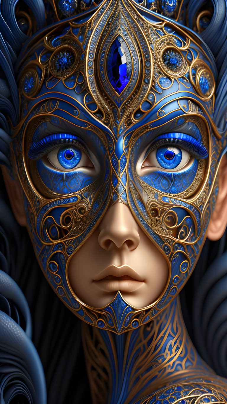 Detailed close-up of face with ornate blue and gold mask and sapphire eyes