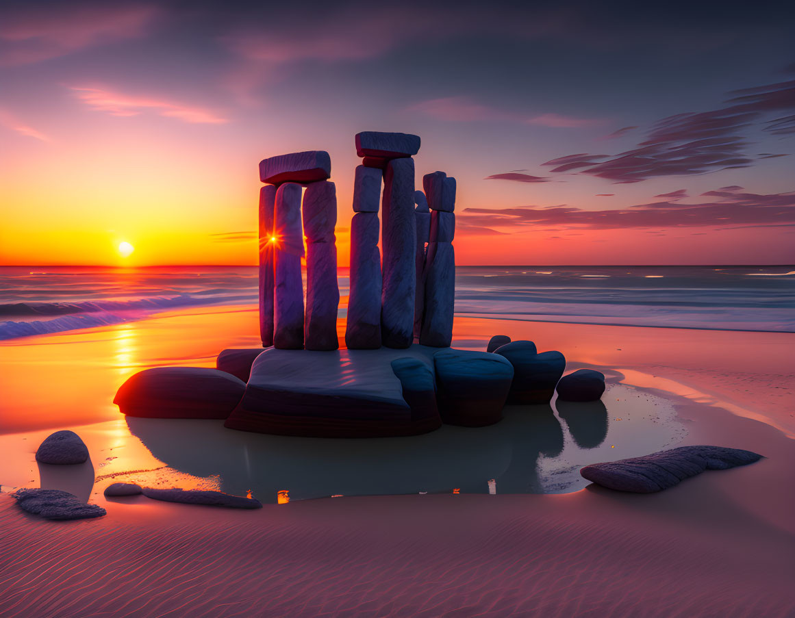 Tranquil sunset beach scene with balanced stone stacks and vibrant sky colors