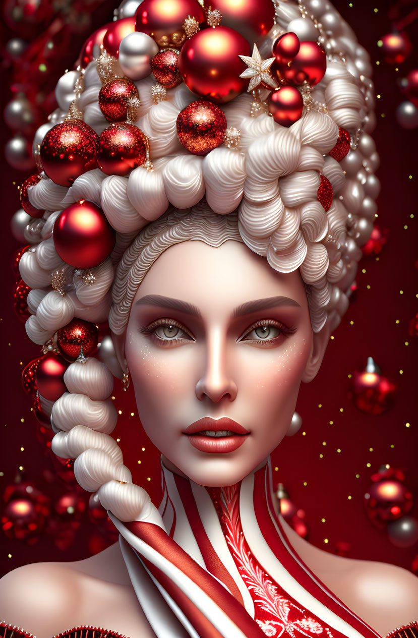 Stylized portrait of woman with white hair and Christmas ornaments on red background