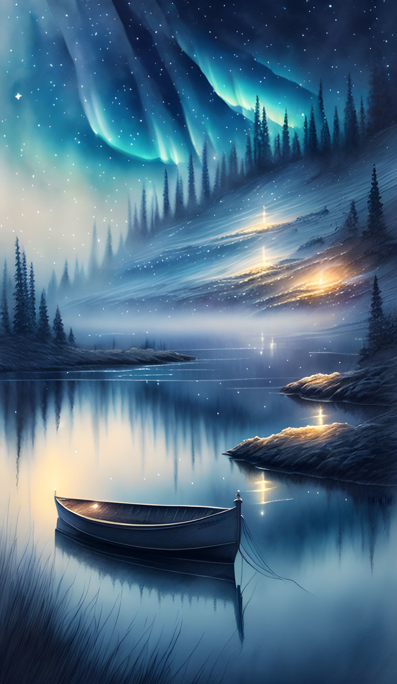 Tranquil night scene: lake, starry sky, Northern Lights, lone boat, pine trees