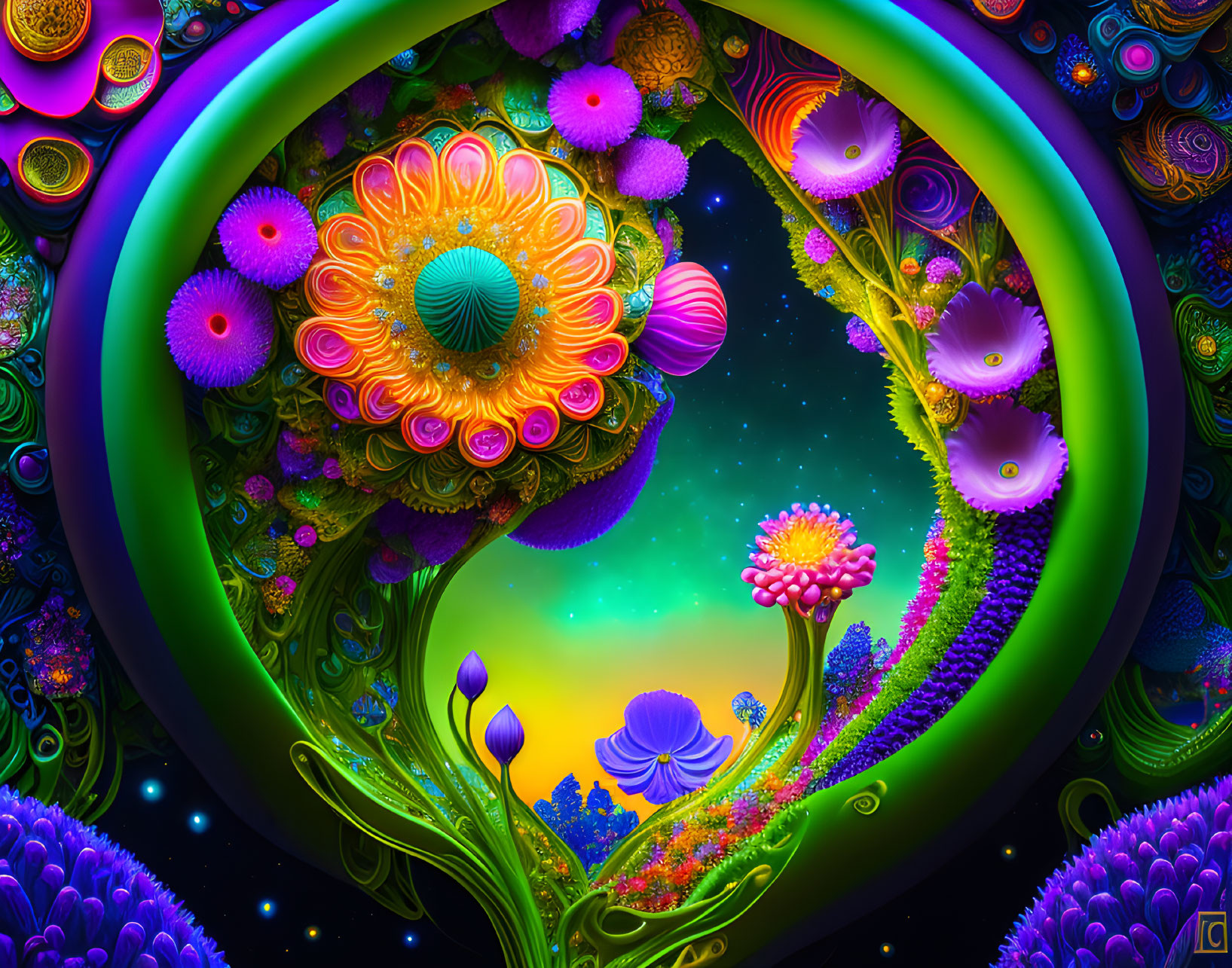 Whimsical neon floral scene with heart-shaped frame and cosmic elements