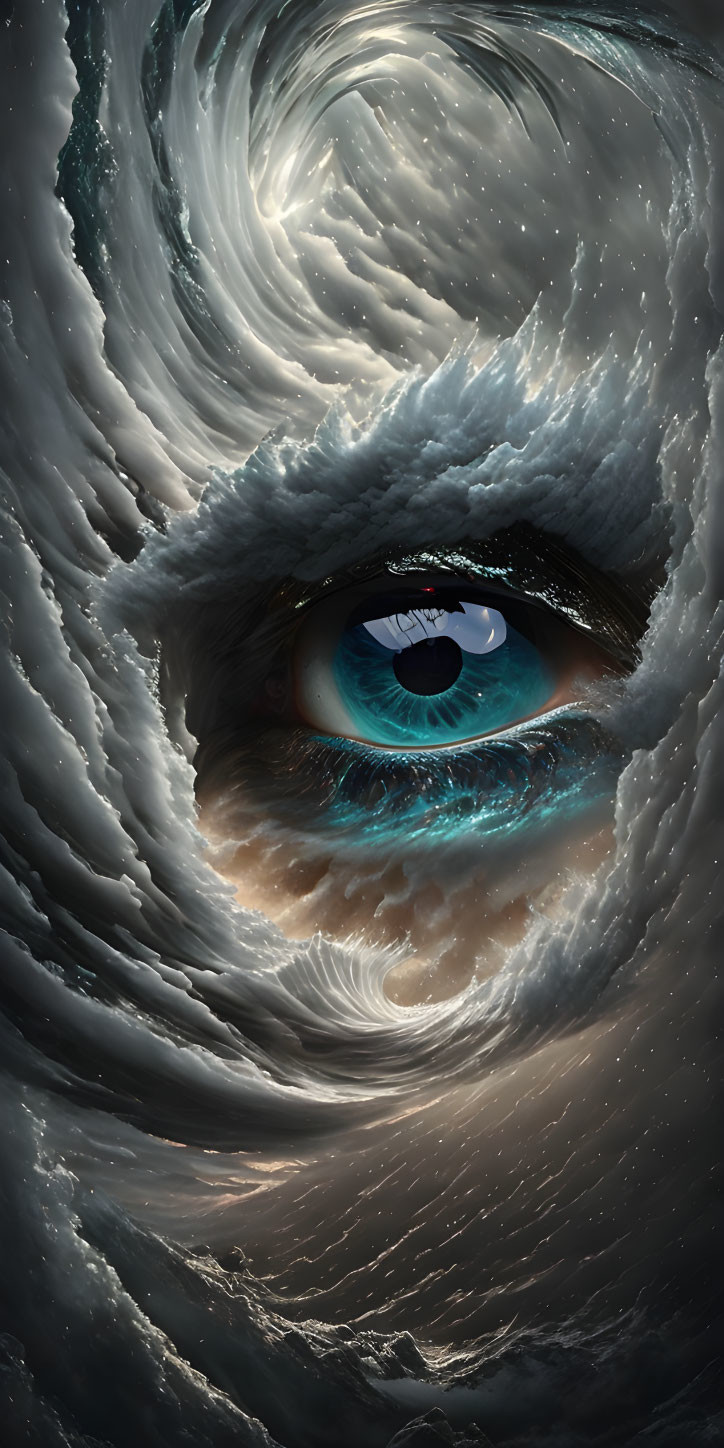 Surreal image: Stormy sky blends with giant eye in swirling clouds