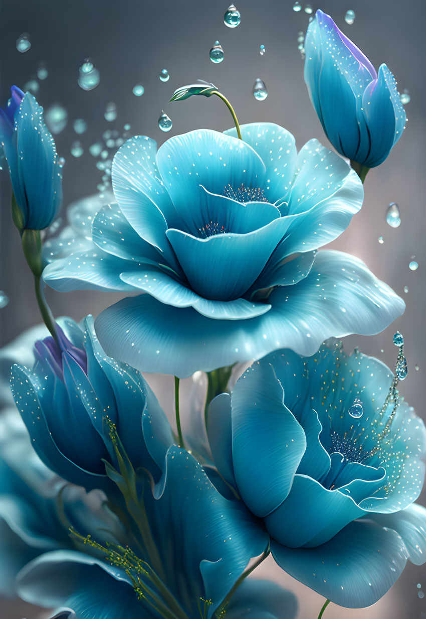 Turquoise Flowers with Dewdrops on Gray Background