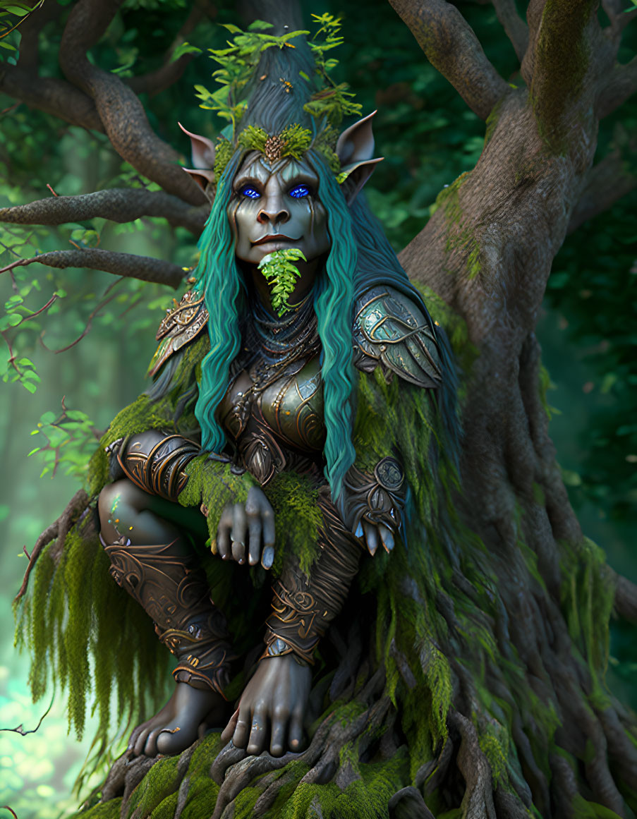 Blue-skinned fantasy creature in ornate armor in mystical forest