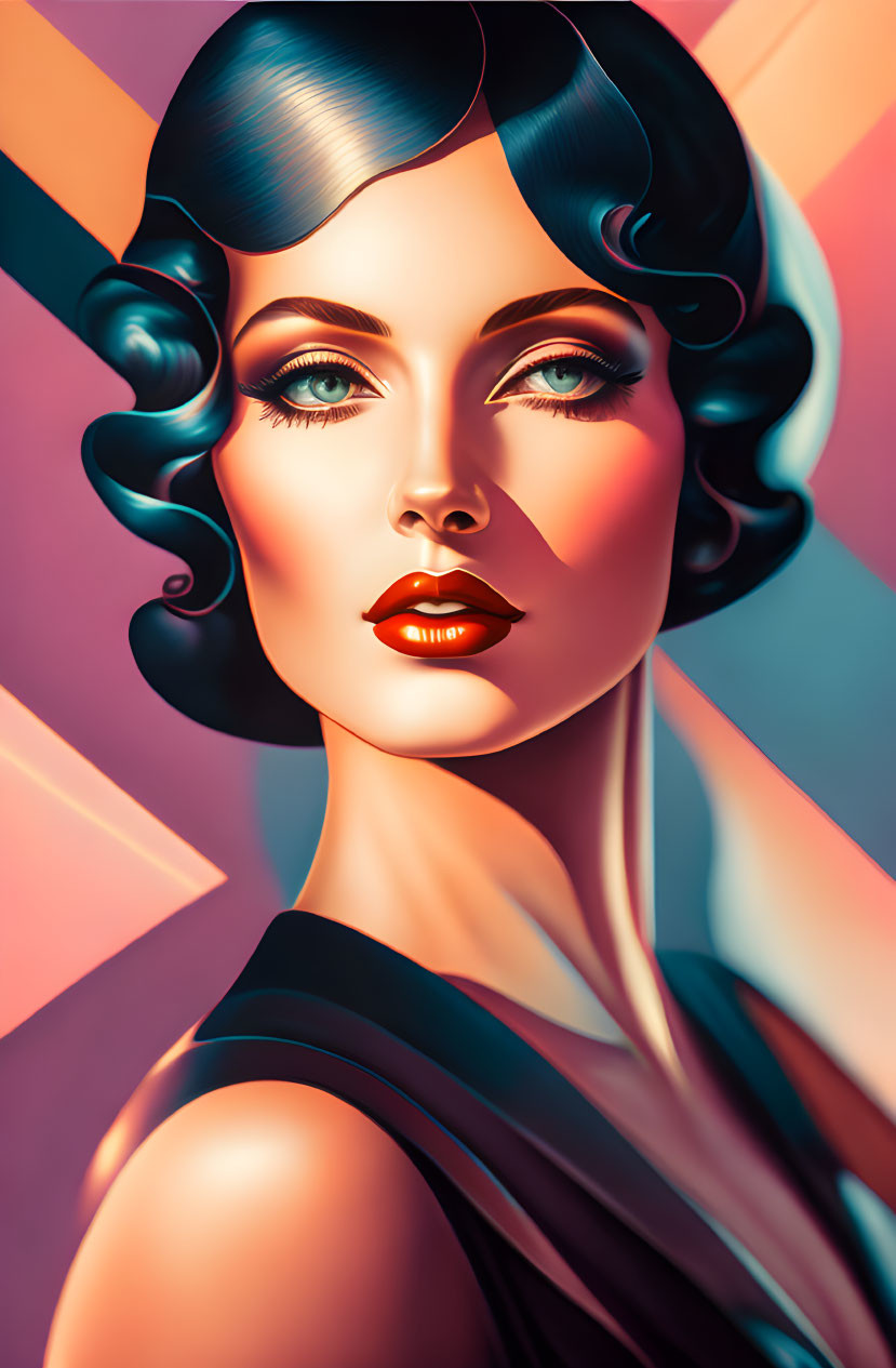 Digital portrait of woman with 1930s-inspired hair and makeup on pink geometric backdrop