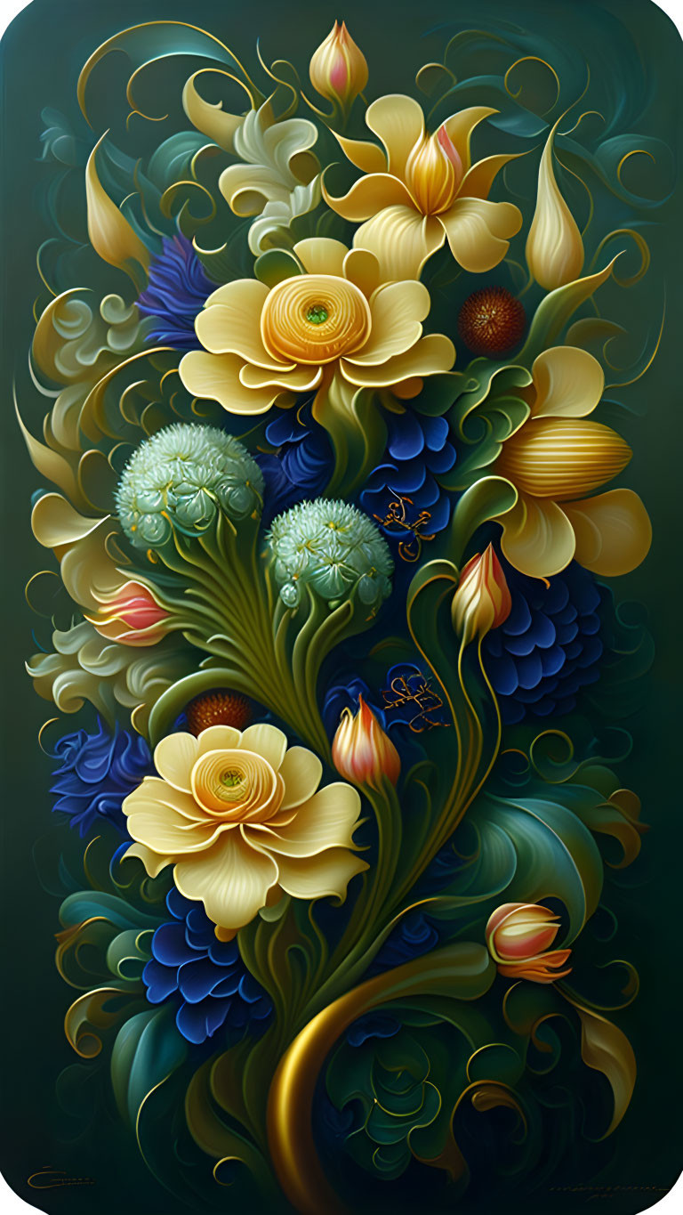 Stylized floral arrangement in yellow and blue on dark green background