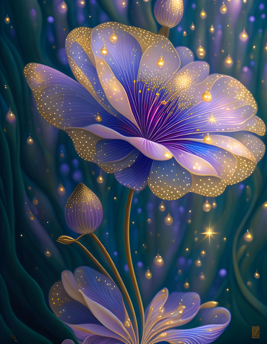 Vibrant blue flower glowing in magical green and gold scene