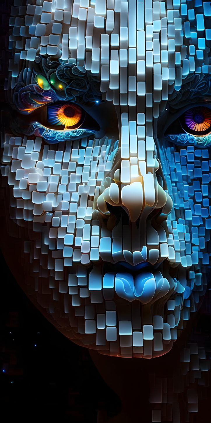 Stylized face with illuminated blue cubes and colorful eyes