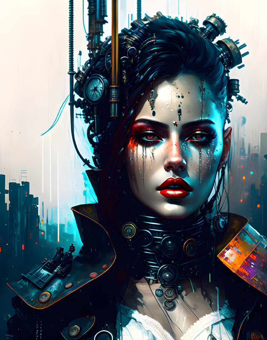 Female cyborg digital art with intricate mechanical details in futuristic cityscape