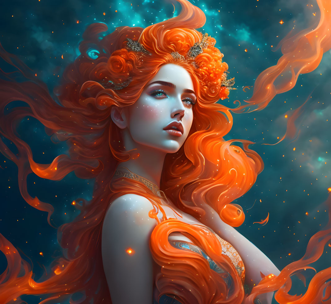 Fantasy portrait: Woman with red hair, blue eyes, golden crown, starry space backdrop