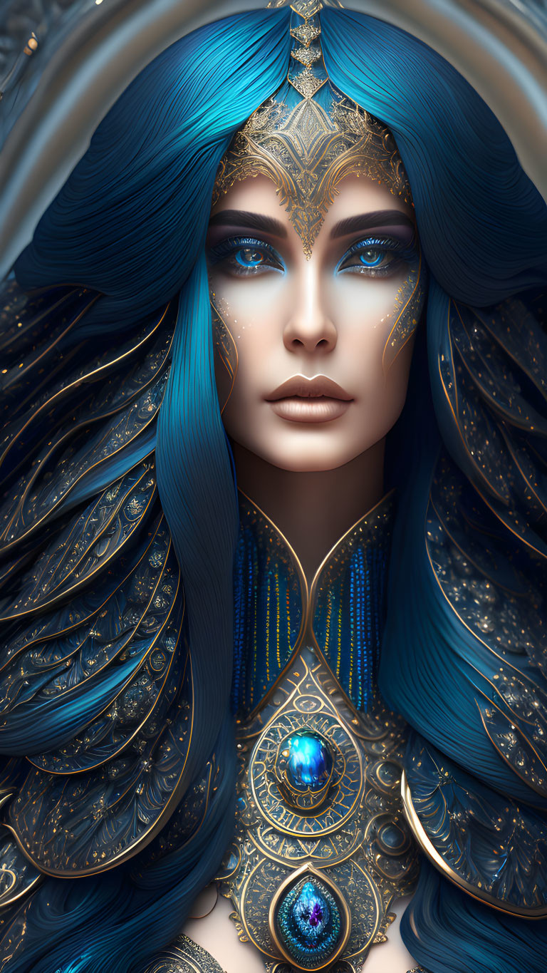 Ethereal woman with ornate blue and gold headdress and vibrant blue hair