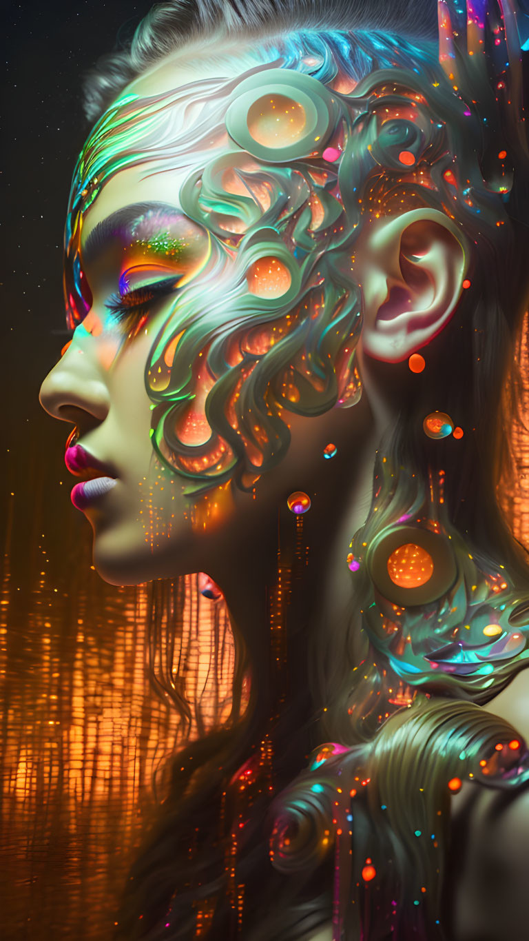 Woman with vibrant body art and luminescent decorations on blurred light background