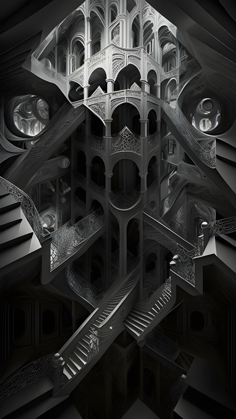 Detailed monochromatic Escher-like impossible structure illustration