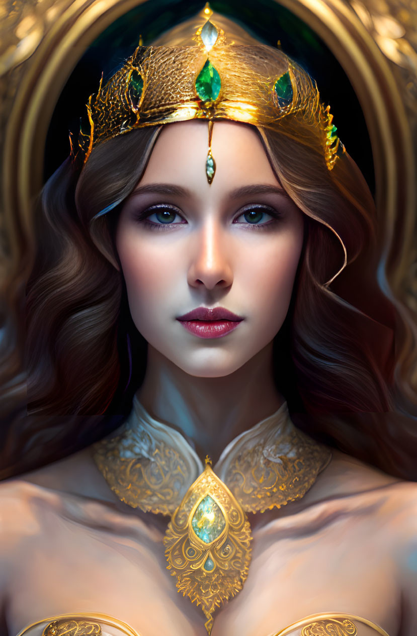 Regal woman with wavy brown hair in golden crown and necklace