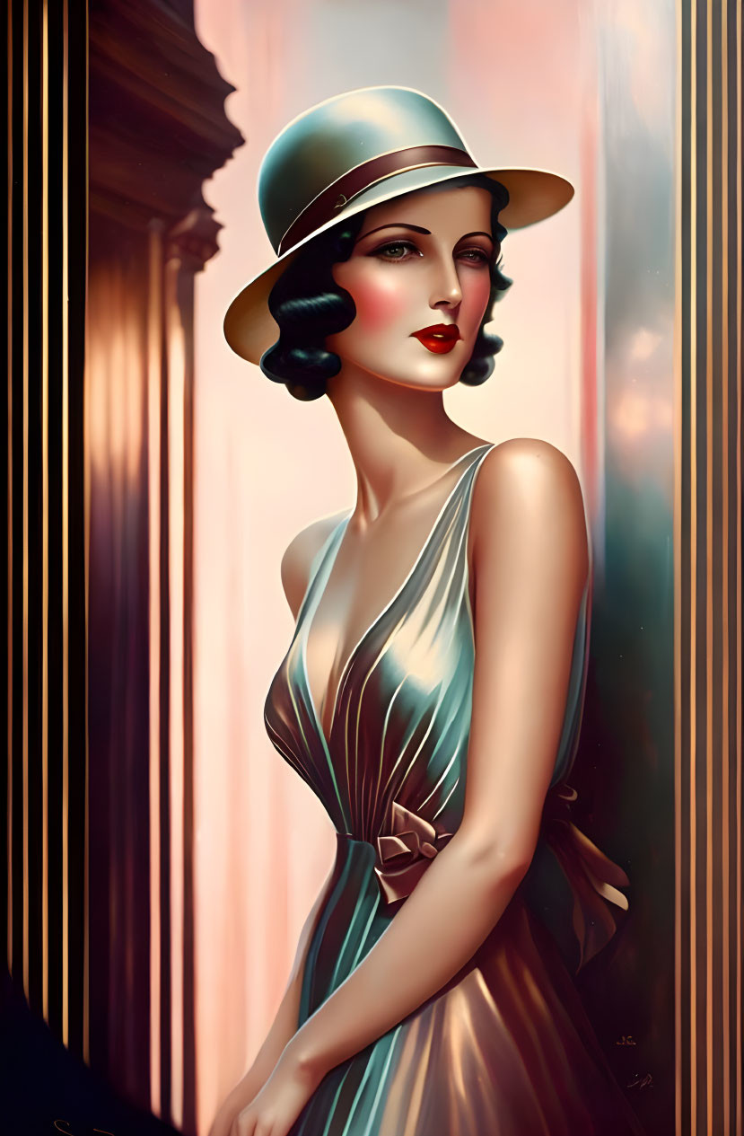 Vintage-style woman in silky dress and cloche hat against warm light and columns