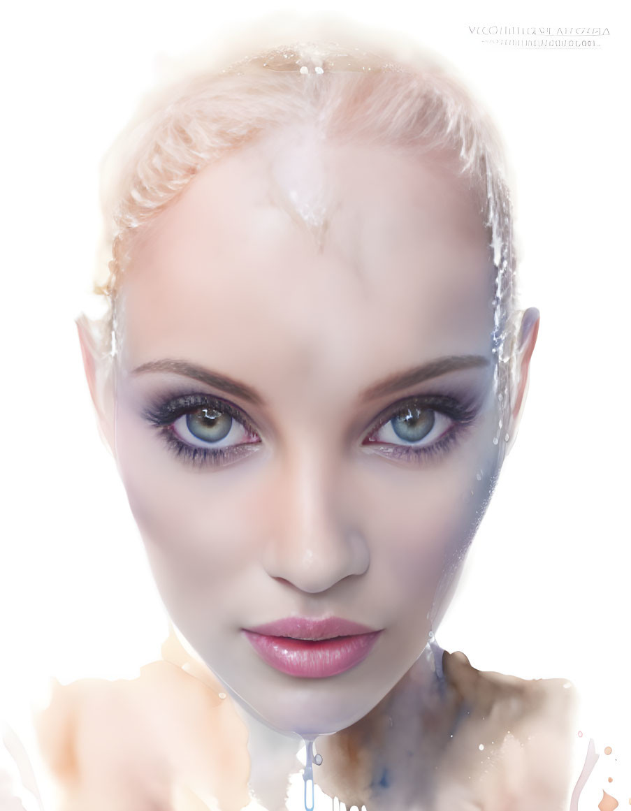 Digital art portrait of woman with striking eyes and disintegrating effect.