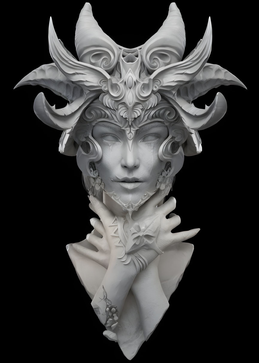 Fantastical character with ornate horns in monochromatic 3D rendering