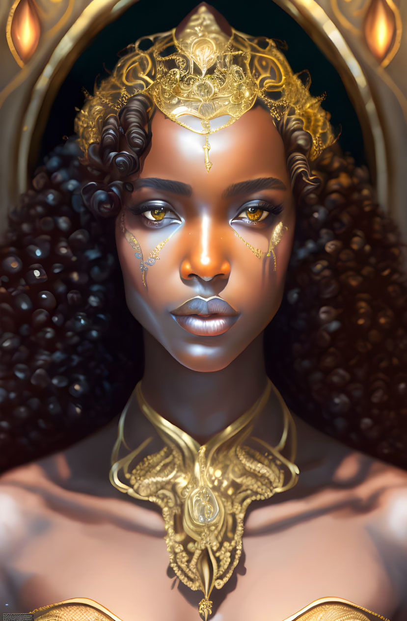 Regal fantasy-inspired portrait of woman with dark skin and curly hair