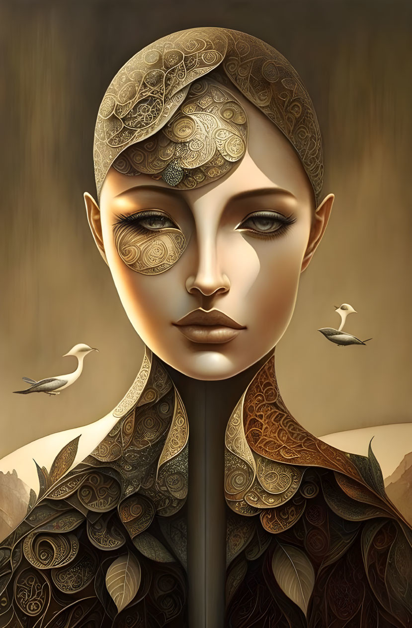 Digital artwork: Woman with patterned skin, bald head, feathers, and flying birds.