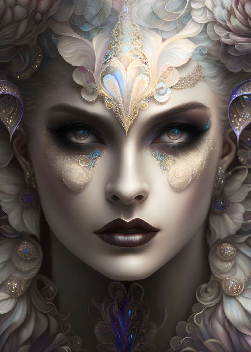 Detailed digital artwork featuring a woman with blue eyes and ornate gold makeup surrounded by feathers and flowers.