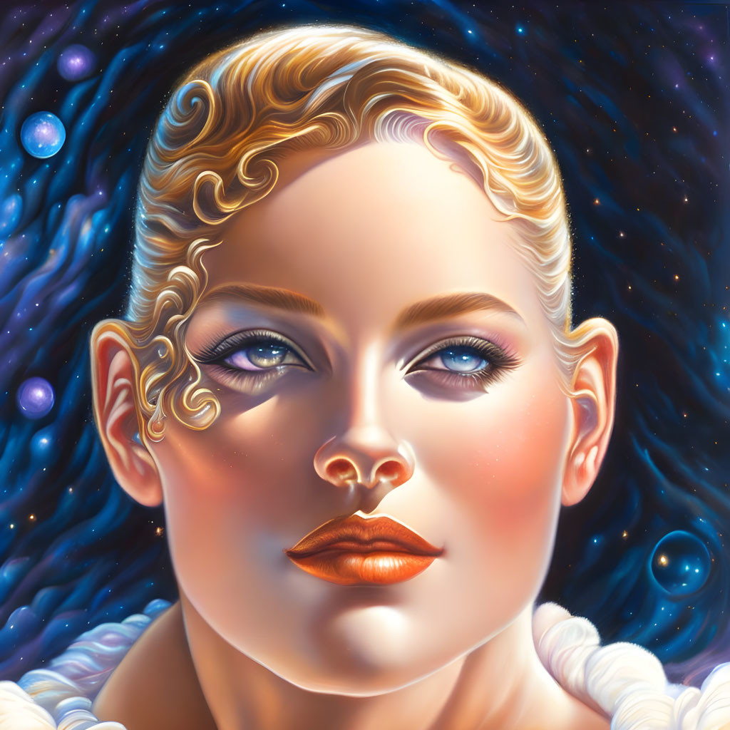 Illustrated Woman with Stylized Hair and Cosmic Background