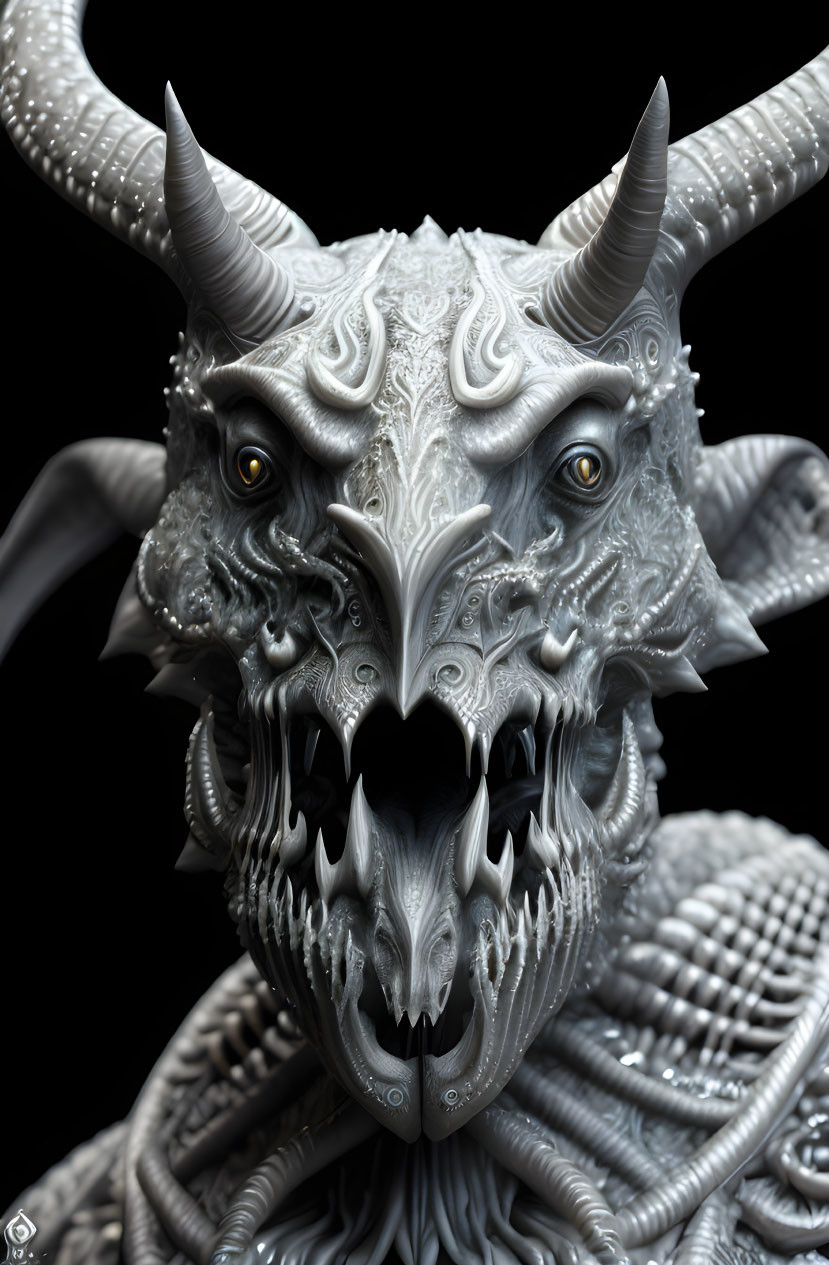 Detailed Fantasy Dragon Creature with Ornate Horns and Sharp Teeth