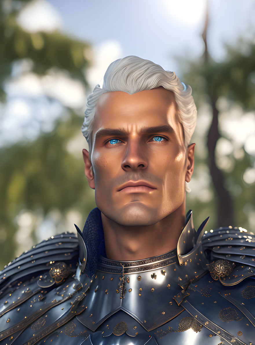 Man with White Hair and Blue Eyes in Medieval Armor Against Blurred Background