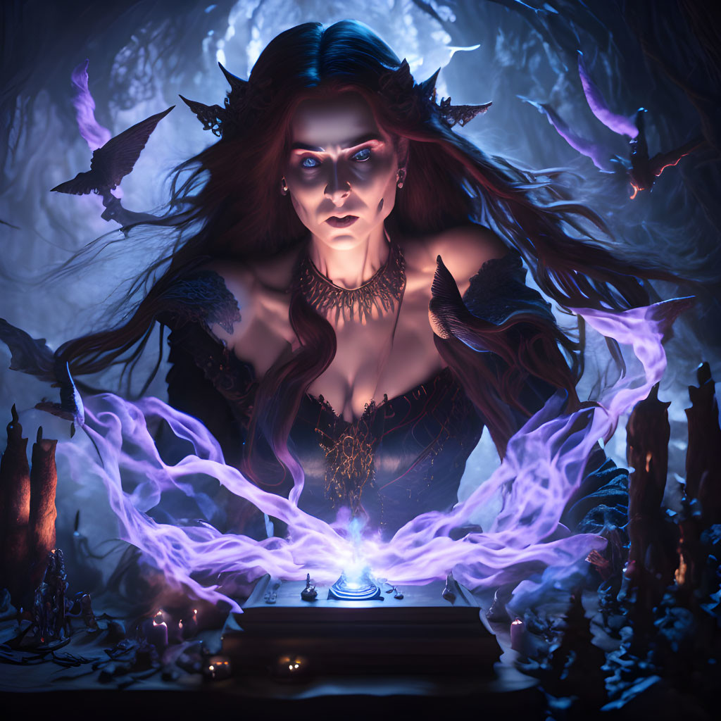 Female sorceress in purple flames casting spell with glowing orb, bats, and candles