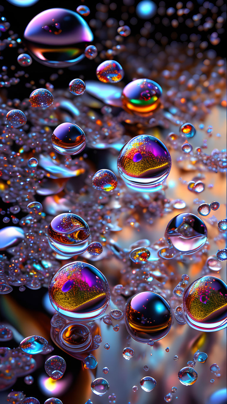 Colorful iridescent bubbles on dark bokeh background