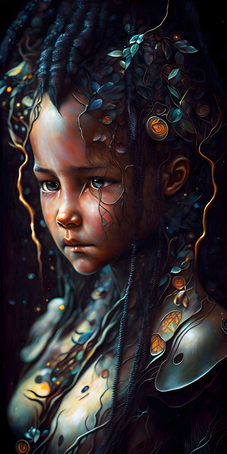 Child with intricate braids and glowing embers in digital art