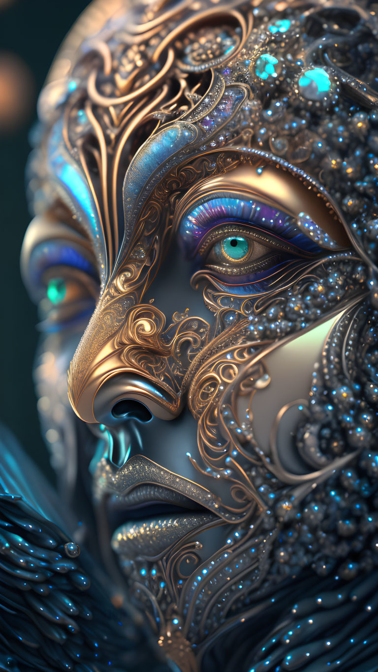 Detailed Metallic Female Robotic Face with Glowing Blue Eyes