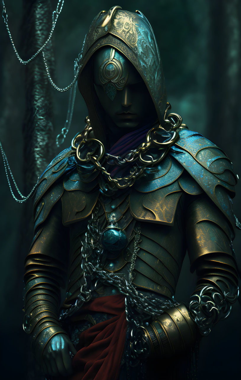 Figure in Ornate Blue Armor in Moody Forest