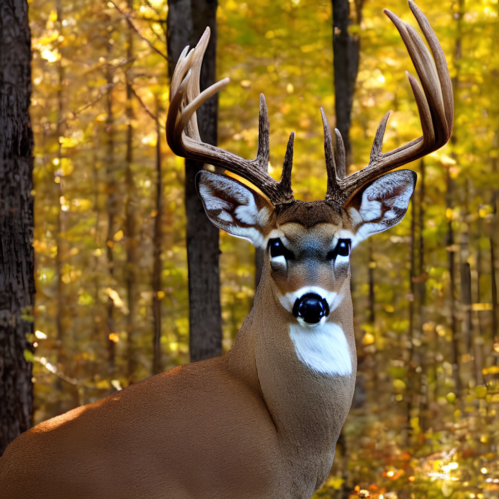 Majestic buck with large antlers in autumn forest with golden leaves