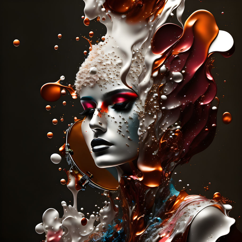 Vivid surreal portrait with dynamic liquid splashes and abstract elements