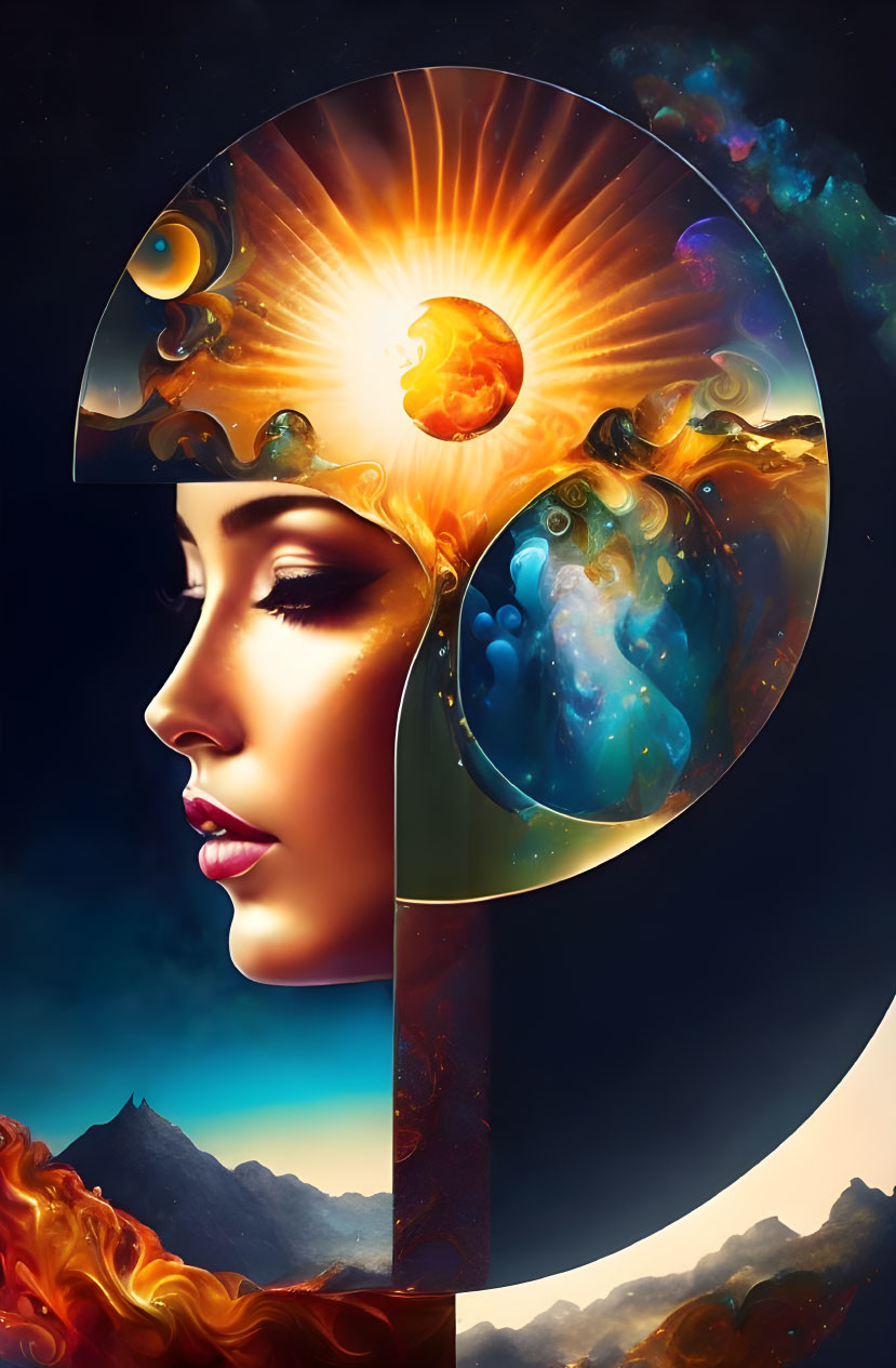 Surrealistic Woman's Profile Art with Cosmic and Terrestrial Elements