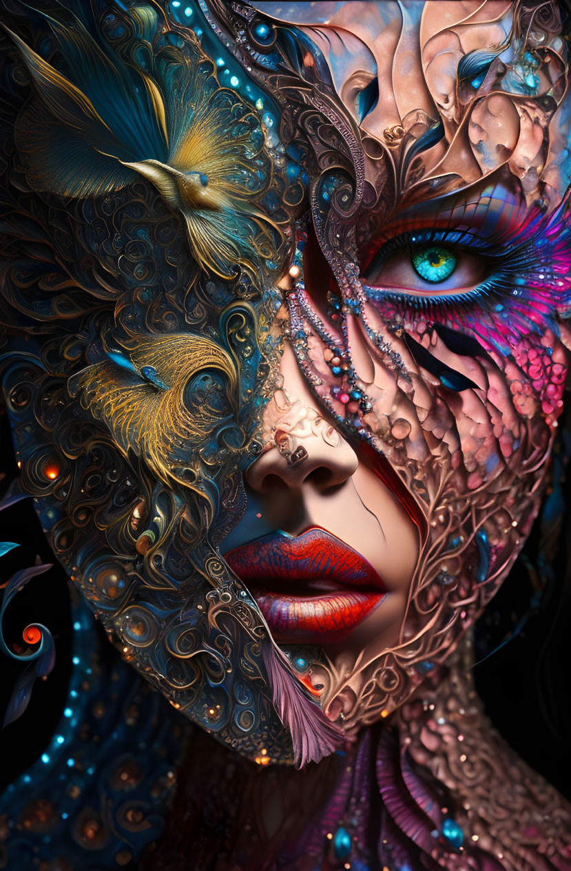 Colorful surreal face with ornate masquerade mask.