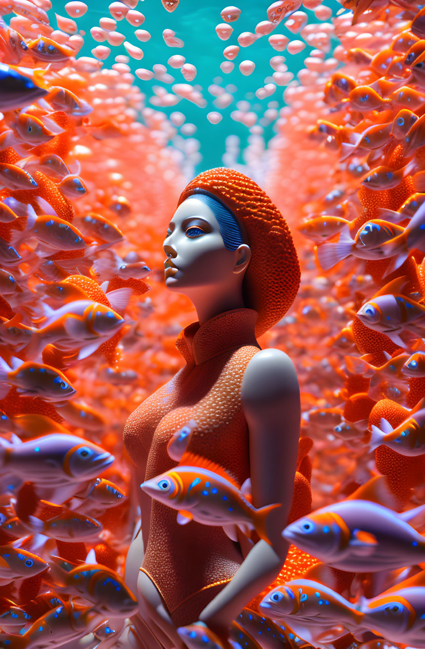 Blue-skinned humanoid in red attire surrounded by red and blue fish underwater