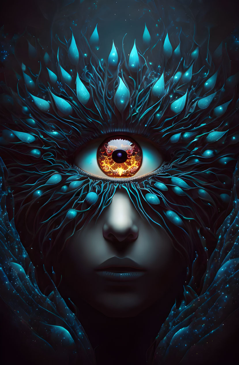 Surreal portrait with vivid eye in ornate headdress & blue feathers