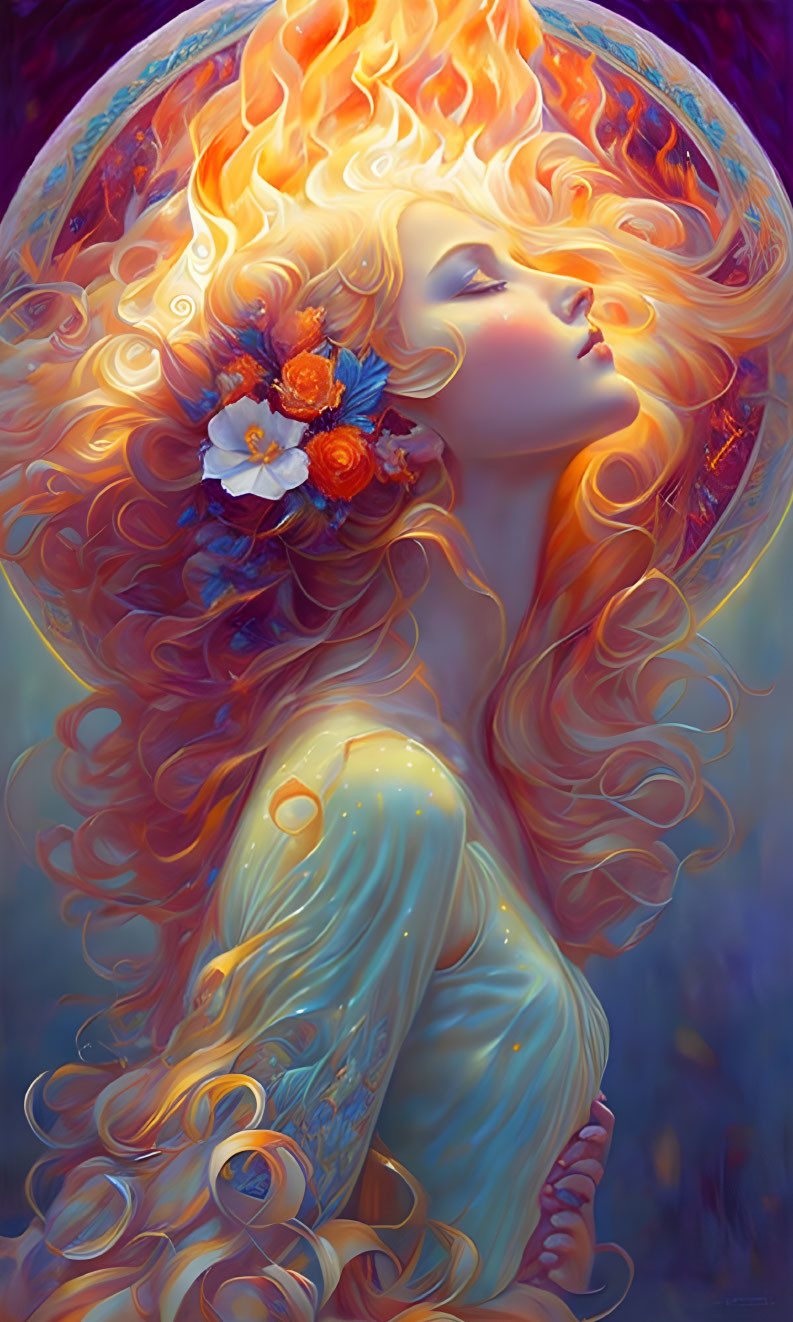 Illustrated woman with fiery hair and flowers in serene pose.