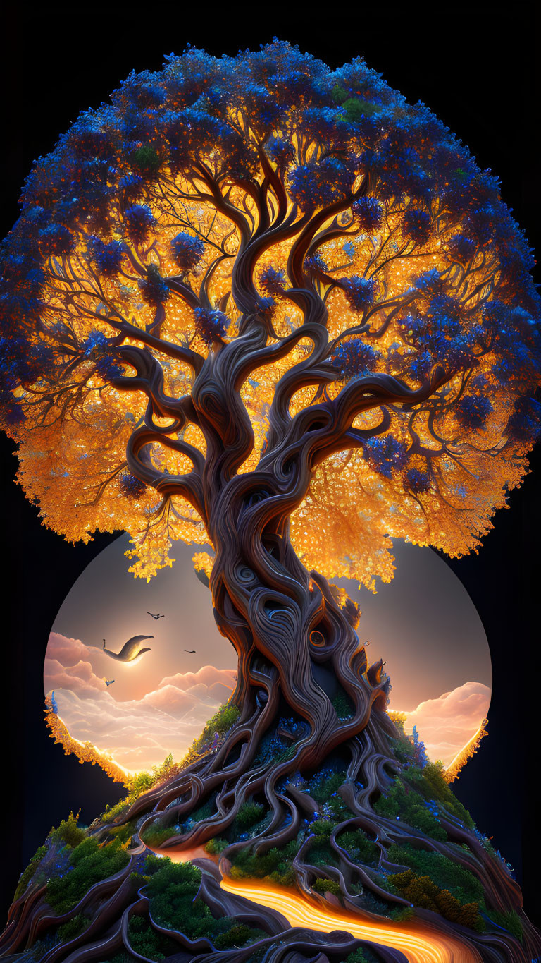 Majestic tree digital artwork with twisted trunk and orange foliage at dusk