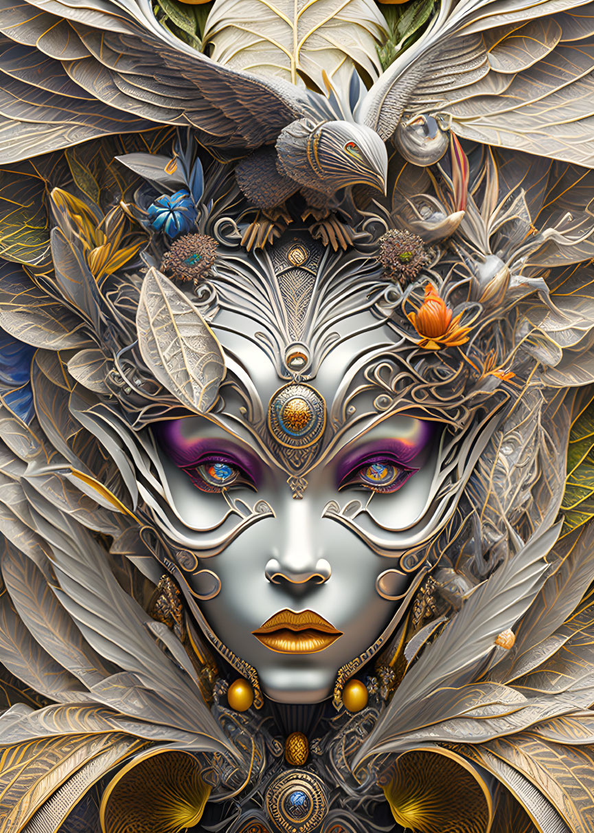 Detailed Woman's Face Illustration with Ornate Feathers, Jewels, Birds, and Florals