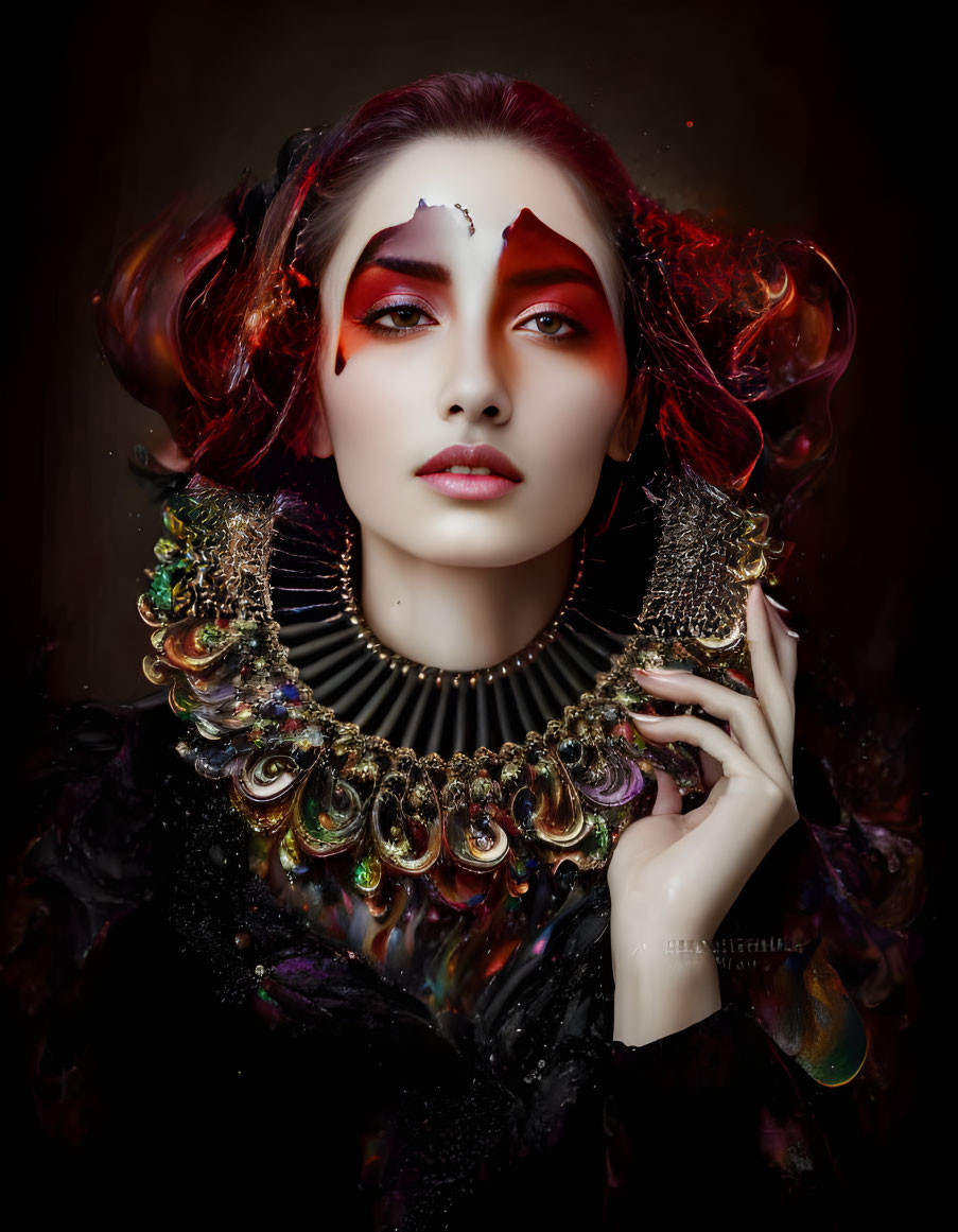 Stylized portrait of woman with red eyeshadow and ornate necklace