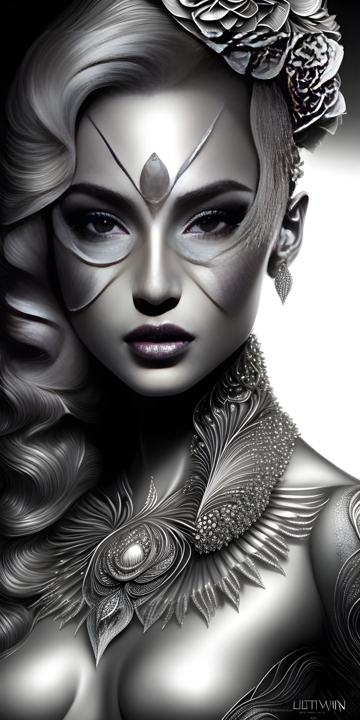 Monochrome artistic portrait of a woman with fantasy makeup and ornate accessories