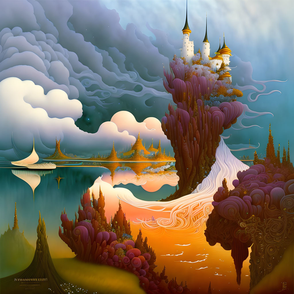 Colorful Surreal Landscape: Castle on Vertical Rock, Clouds, Sailboats, Vibrant Sea