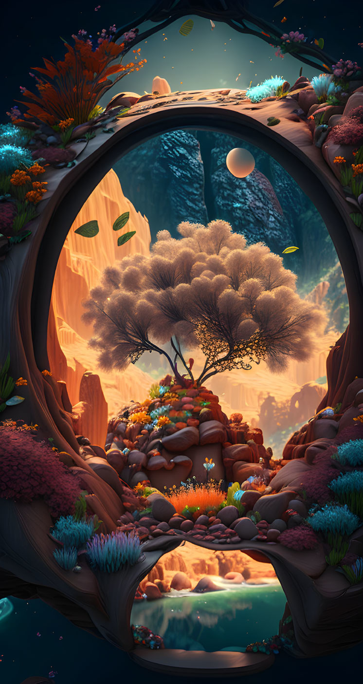 Surreal fantasy landscape in hollow log with colorful flora and waterfalls